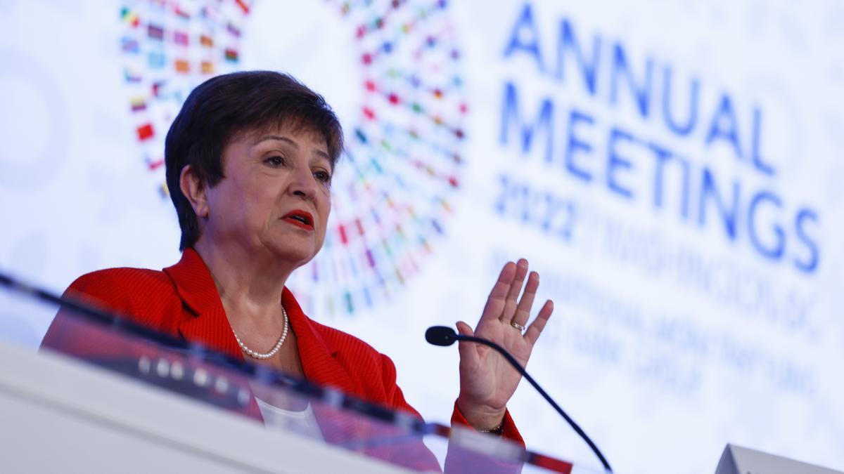 IMF Managing Director Kristalina Georgieva speaks at a press conference on the fourth day of the IMF and World Bank Annual Meetings at the International Monetary Fund (IMF) headquarters on October 13, 2022 in Washington, DC. On Tuesday, the International Monetary Fund downgraded its forecast for the global economy, saying it expects 2.7% global growth next year. Anna Moneymaker/Getty Images/AFP