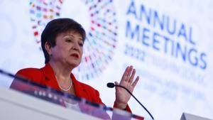 IMF Managing Director Kristalina Georgieva speaks at a press conference on the fourth day of the IMF and World Bank Annual Meetings at the International Monetary Fund (IMF) headquarters on October 13, 2022 in Washington, DC. On Tuesday, the International Monetary Fund downgraded its forecast for the global economy, saying it expects 2.7% global growth next year. Anna Moneymaker/Getty Images/AFP