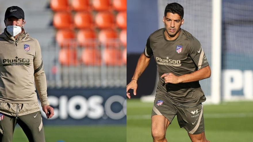 Simeone y Luis Suárez durante el entrenamiento.