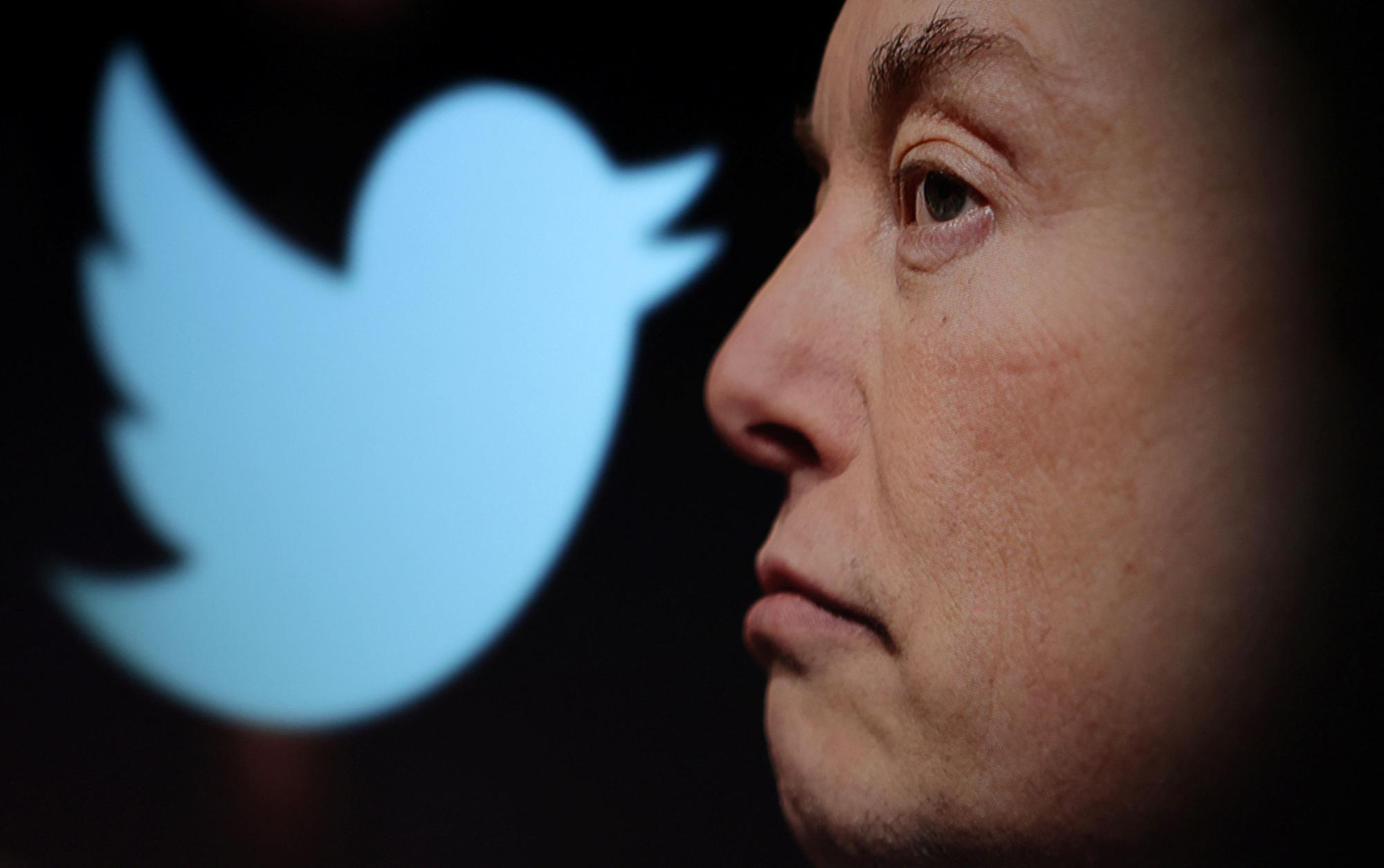 El dueño de Twitter, Elon Musk, junto al logo de la red social que acaba de comprar.