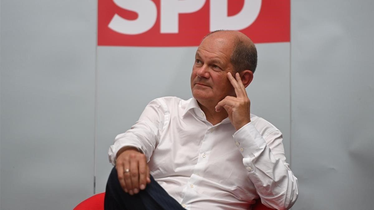 El candidato del SPD a la cancillería alemana, Olaf Scholz, durante un acto con ciudadanos este jueves.