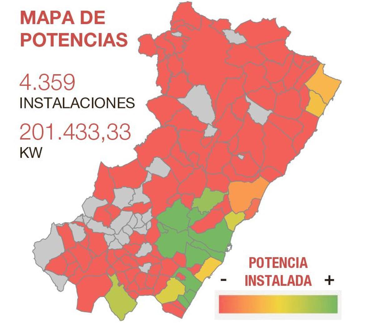 Mapa de potencia instalada en la provincia de Castellón por municipios