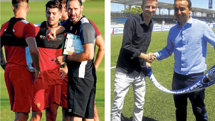 Links: Moreno coacht Real Mallorca. Rechts: Messow (li.) und Baleares-Trainer Armando de la Morena.