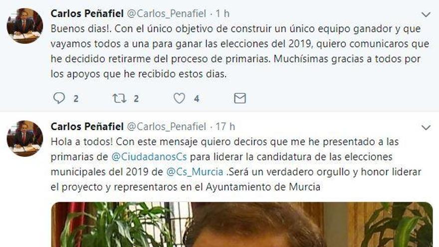 Los tuits en los que Peñafiel anuncia que se presenta y que abandona las primarias, seguidos y con 16 horas de diferencia