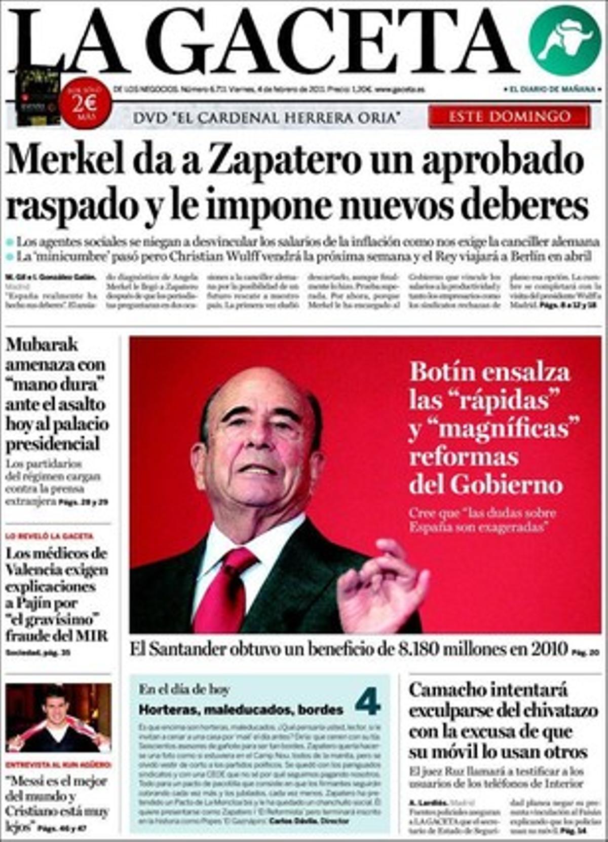’La Gaceta’ també destaca en pàgines interiors que el Rei i el president alemany acabaran de llimar les diferències que hi va haver entre Madrid i Berlín, que la dona de Baltasar Garzón va ingressar 317.000 euros després de l’arribada del jutge a Nova York i que el nombre de passatgers de l’AVE es va estancar el 2010 en 14 milions.