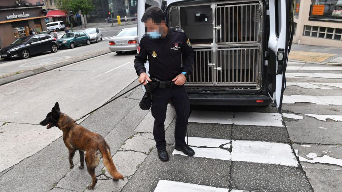 Un policía nacional y un perro.