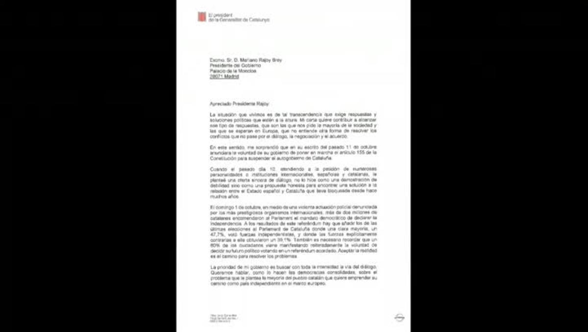 Aquesta és la carta que el president de la Generalitat ha enviat al president del Govern, Mariano Rajoy.