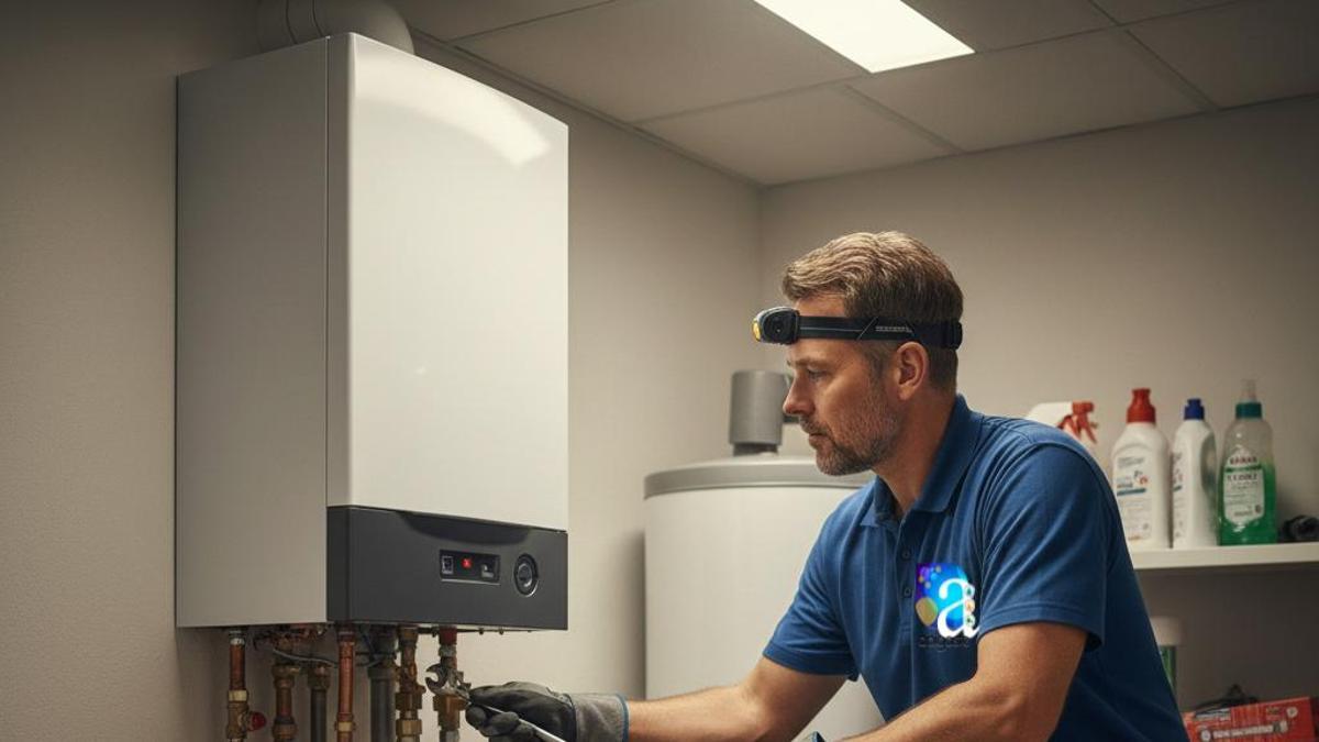 Profesional trabajando en mantenimiento de una caldera.