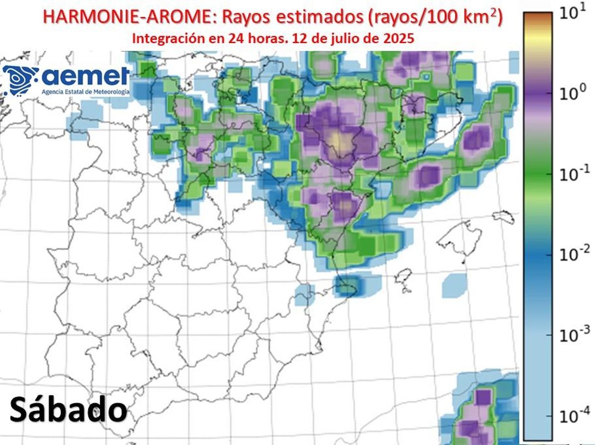Mapa de rayos previstos para el sábado en Castellón.