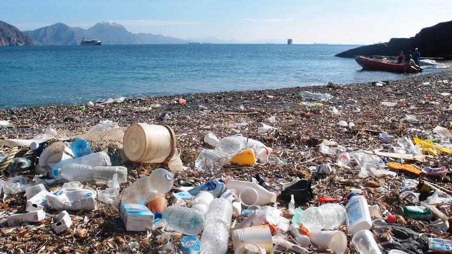 Playa con residuos plásticos