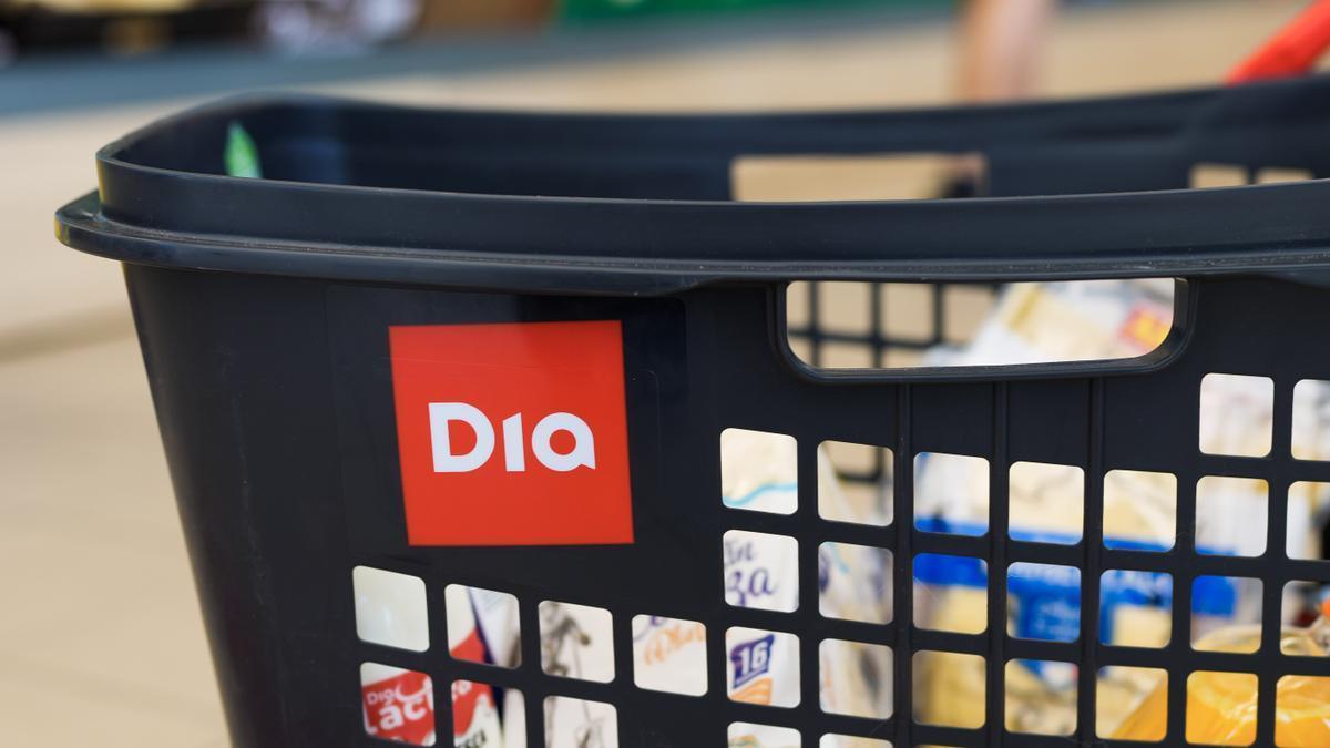 Una cesta de la compra en un supermercado Dia.