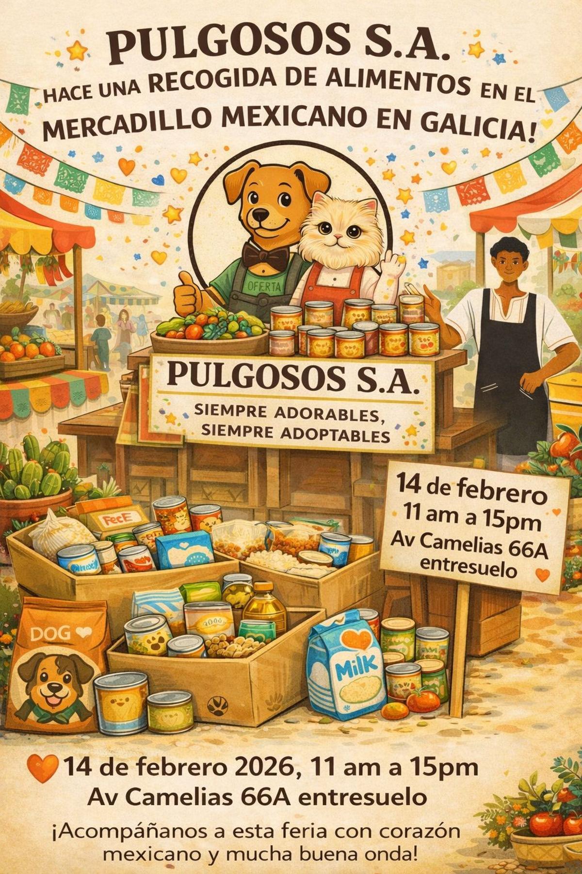Cartel solidario para colaborar en el mercadillo mexicano.