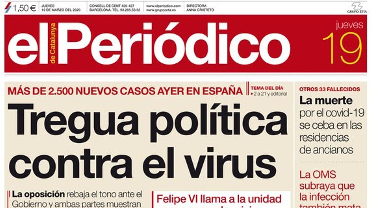 La portada de EL PERIÓDICO del 19 de marzo del 2020