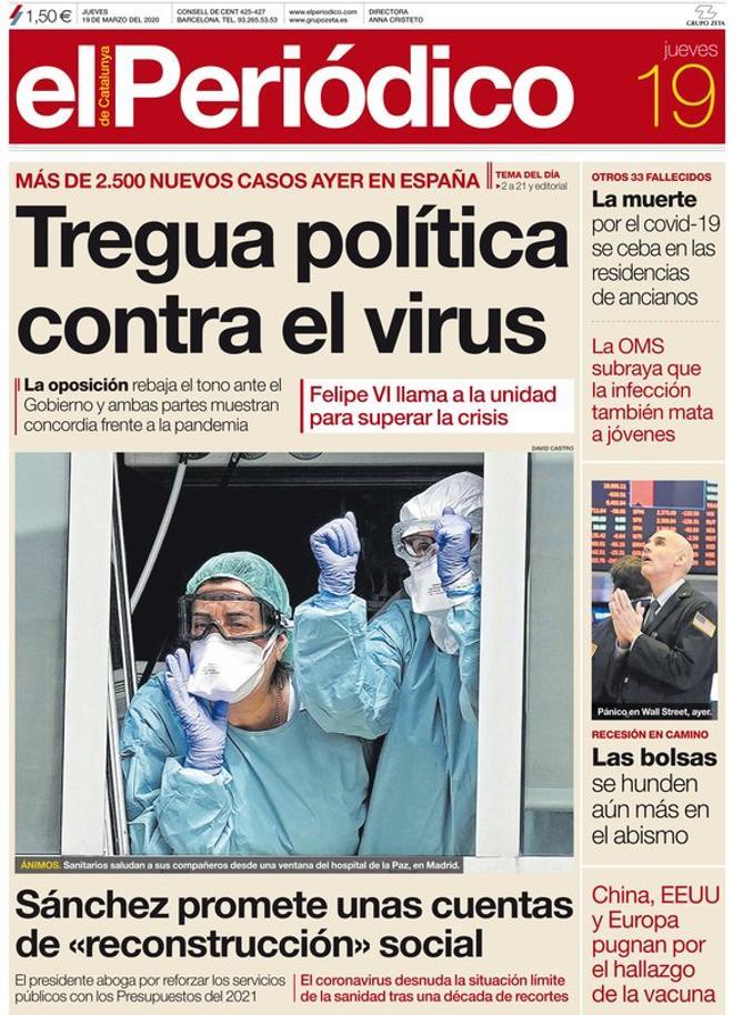 La portada de EL PERIÓDICO del 19 de marzo del 2020.