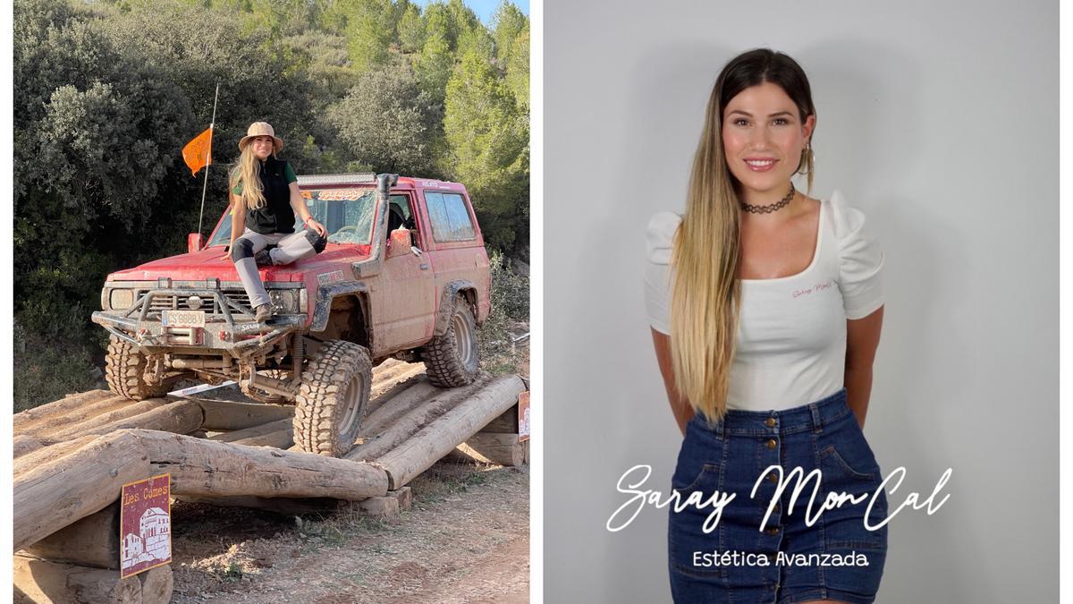Dos de las facetas de Saray: Conduciendo un 4x4 por vertiginosos circuitos y como propietaria del centro de belleza Saray Mon Cal en la Vall d'Alba.