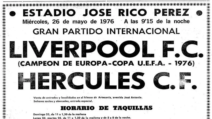 Hace 50 años en Alicante: del 25 al 31 de mayo de 1976, el Hércules derrota al Liverpool por 3-1