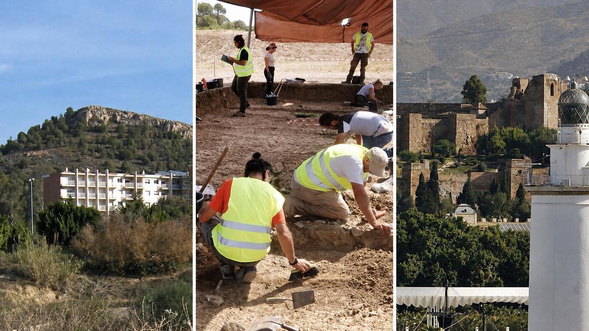 De izquierda a derecha, el Cerro de la Tortuga, el Cerro del Villar y la Alcazaba.