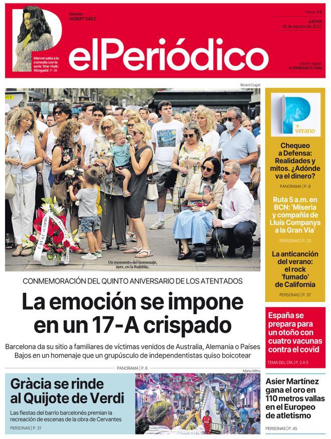 La portada d’EL PERIÓDICO de l’18 d’agost del 2022
