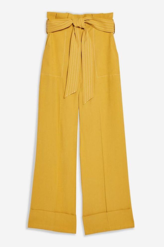 Pantalón mostaza de talle alto con lazo, de Topshop