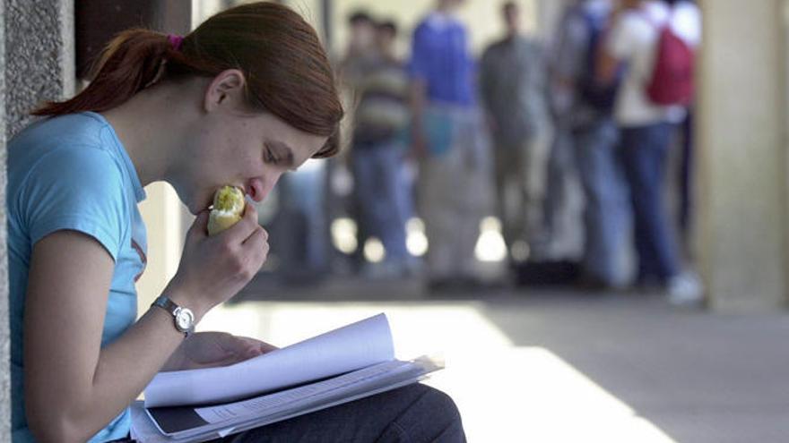 Una jove repasa los apuntes mientras come un bocadillo // Aguete