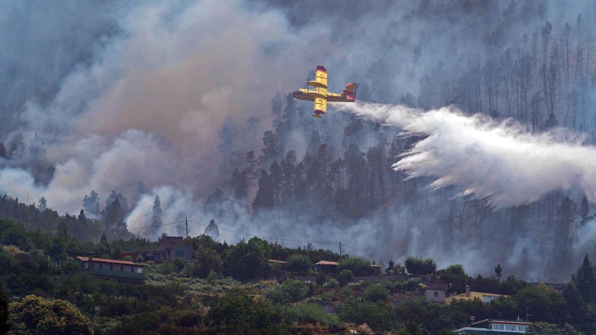 Un hidroavión descarga agua sobre el incendio en Tenerife.