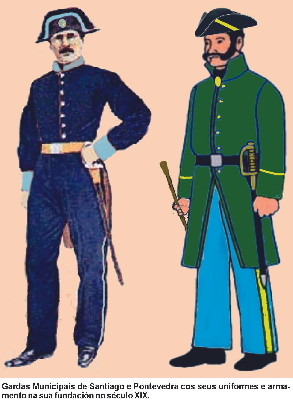 Gardas municipais de Santiago e Pontevedra,cos seus uniformes e armamento na súa fundación, no século XIX.