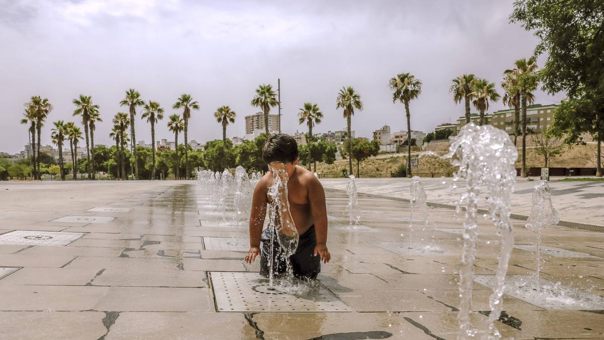 Un niño se refresca en la fuente del Parc de sa Riera.