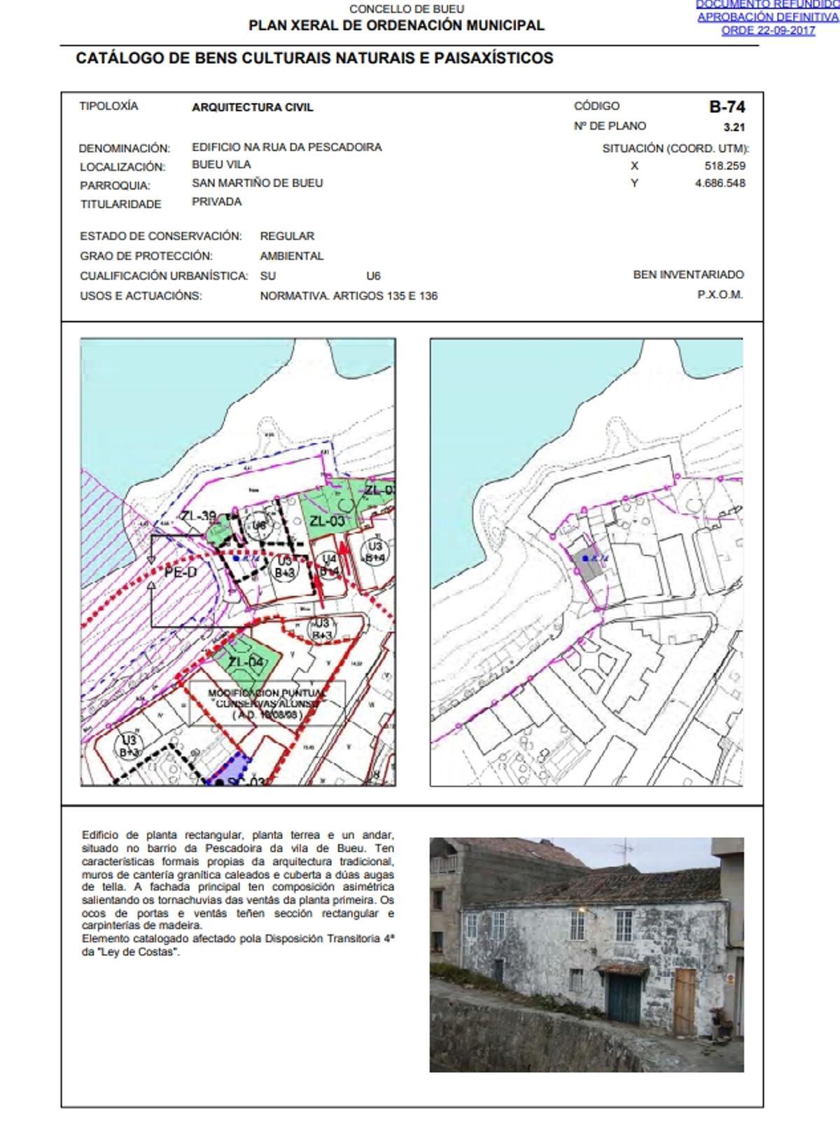 La ficha de la vivienda en litigio incluida en el Catálogo de Bens Culturais, Naturais e Paisaxísticos del Plan Xeral de Ordenaciñon Municipal (PXOM) de Bueu.