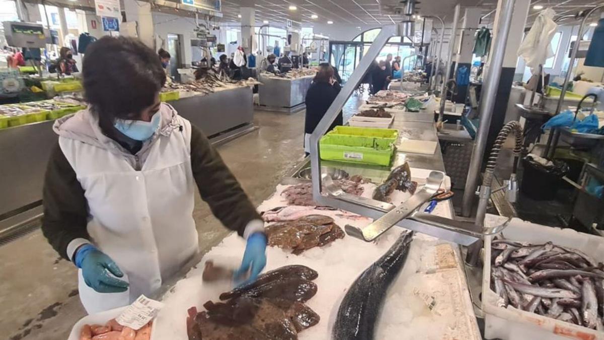 Eva Torrado coloca el pescado en su puesto de la plaza, ayer. |   //  M.M.