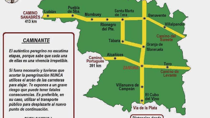 Mapa que indica las distintas rutas jacobeas de la provincia y su distancia a Compostela desde Zamora.