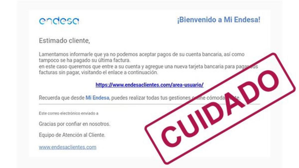 Correo 'phishing' que suplanta a Endesa.