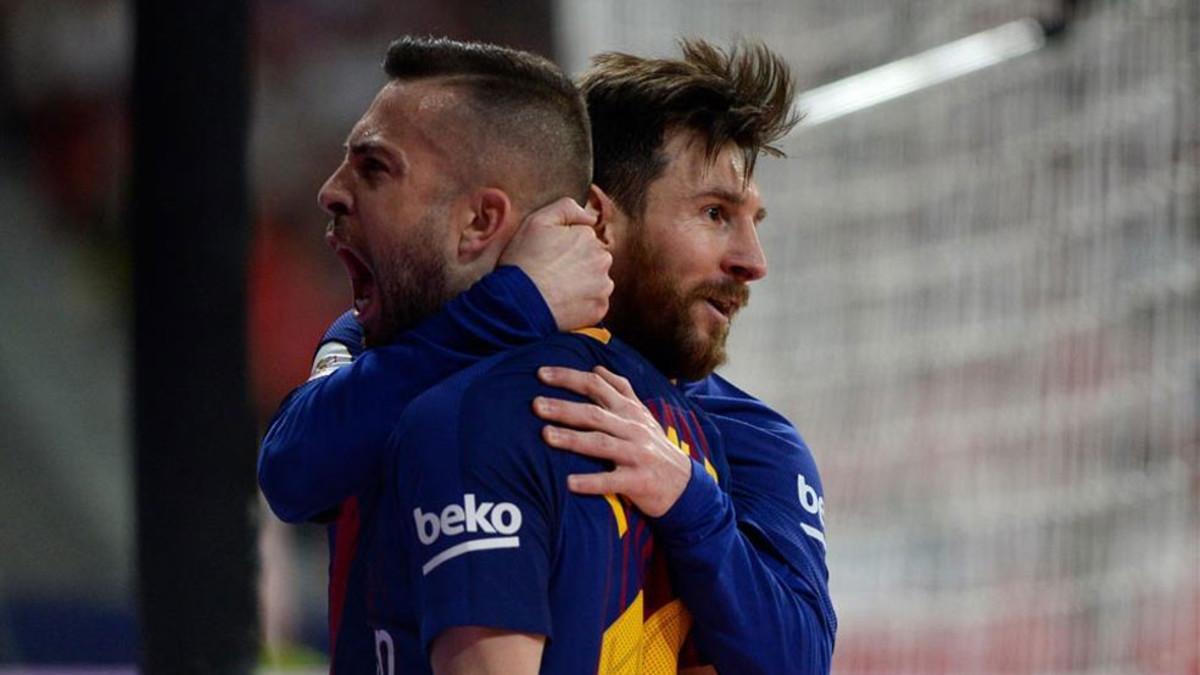 Jordi Alba celebrando uno de los goles del Barça
