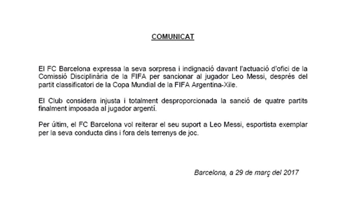 Este es el comunicado emitido por el FC Barcelona este miércoles en defensa a Leo Messi