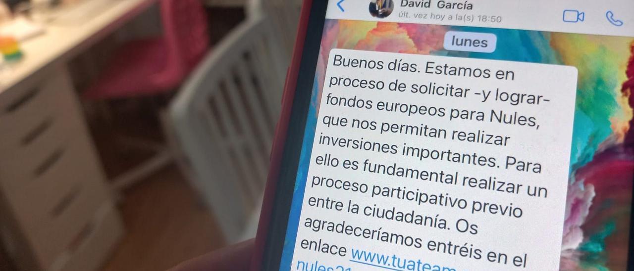 Mensaje que el alcalde de Nules ha enviado a los vecinos para que respondan a un cuestionario sobre proyectos a financiar con fondos europeos.