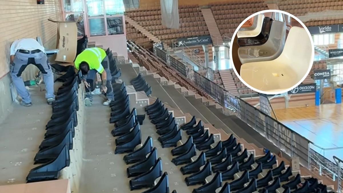 Las gradas del pabellón de La Granadilla de Badajoz han comenzado a transformarse con la renovación de sus asientos.