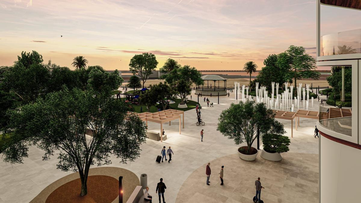 Aspecto del parque reconvertido en plaza del plan urbanístico, sin vallado y en que se mantiene el templete y parte de la vegetación actual