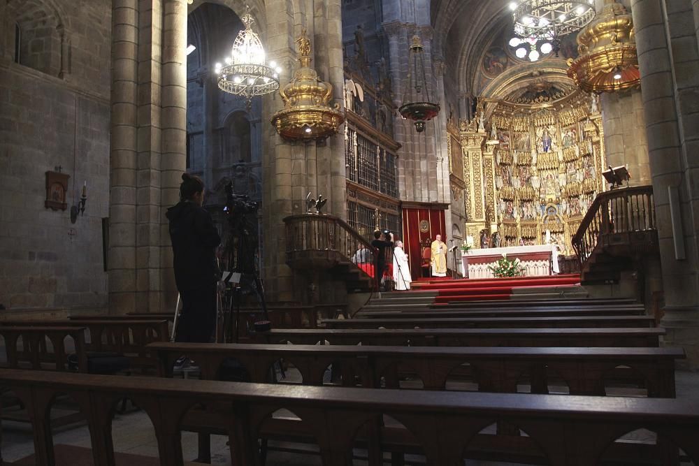 El obispo, Leonardo Lemos, ayer celebrando la ceremonia en la Catedral de Ourense sin gente. // Iñaki Osorio