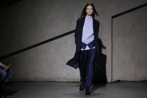 A model presents a creation by designer Delouis and creative director Mannerheim as part of their Autumn/Winter 2015/2016 women's ready-to-wear collection for Each x Other during Paris