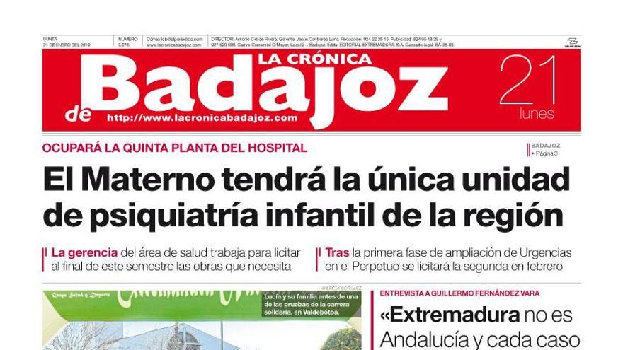 Esta es la portada de LA CRÓNICA DE BADAJOZ correspondiente al día 21 de enero del 2019