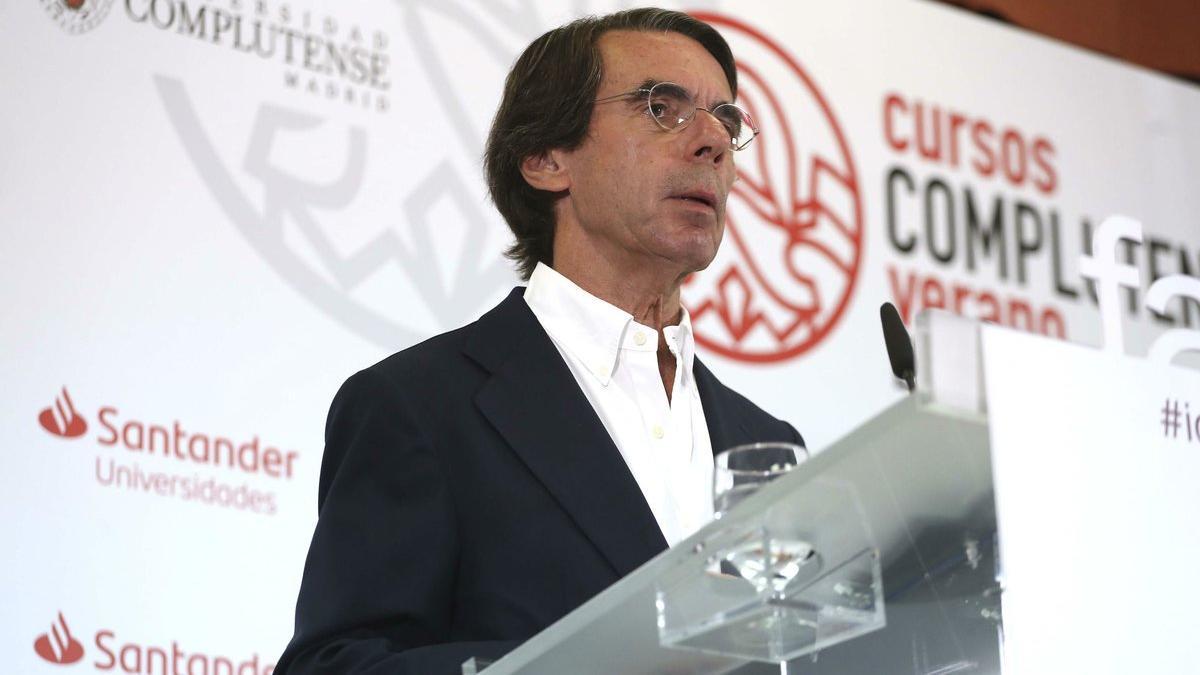 Aznar, durante la inauguración del curso de verano FAES en el Real Centro Universitario Escorial-María Cristina, en San Lorenzo de El Escorial, el 1 de julio del 2019