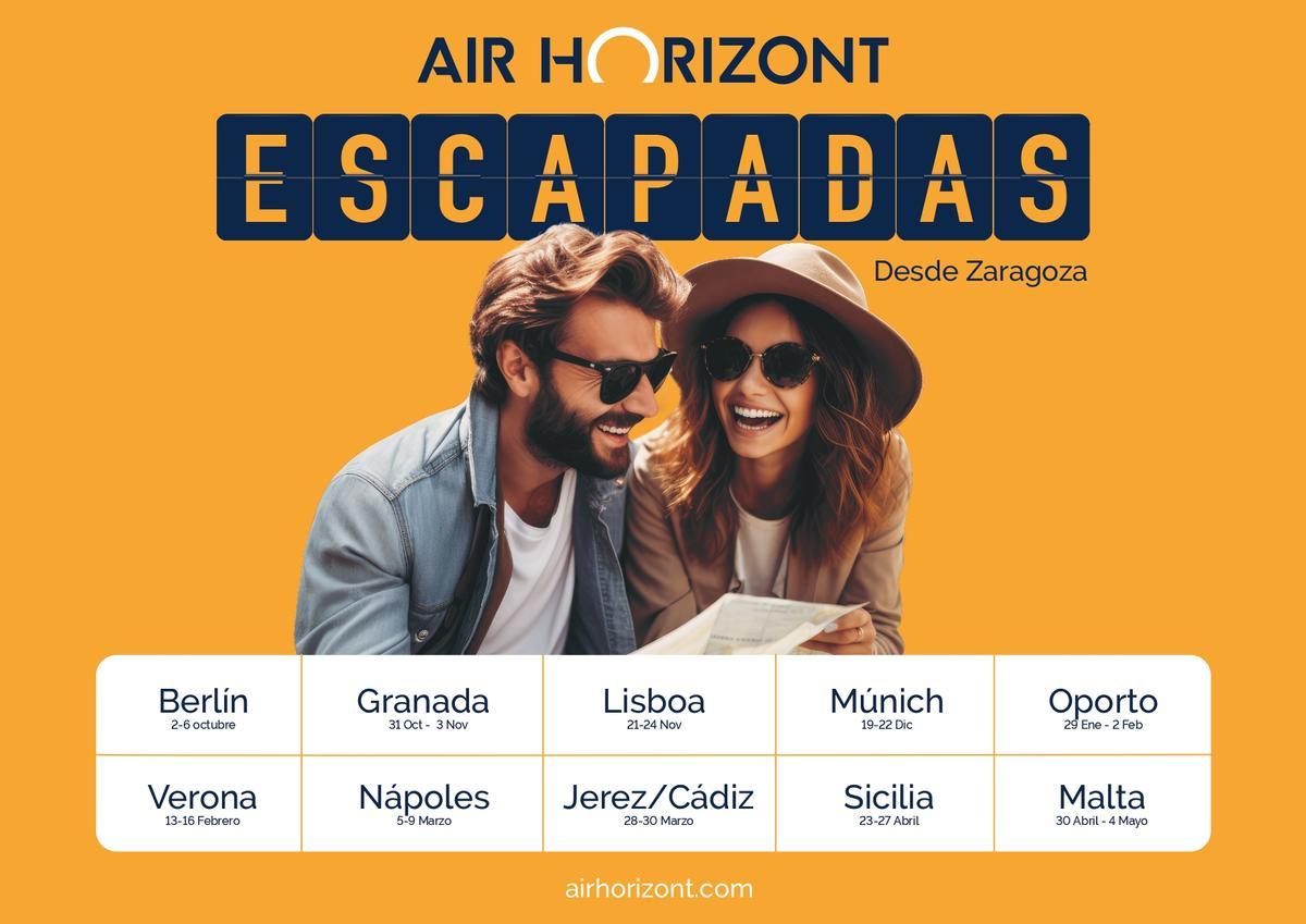 Cartel con todos los destinos de Air Horizont desde Zaragoza para puentes y fines de semana.
