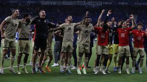 Los jugadores del Almeria celebran su permanencia en primera división a la finalización del encuentro correspondiente a la última jornada de Liga que han disputado hoy domingo frente al RCD Espanyol en el RCD Stadium, en Cornellá. EFE / Andreu Dalmau