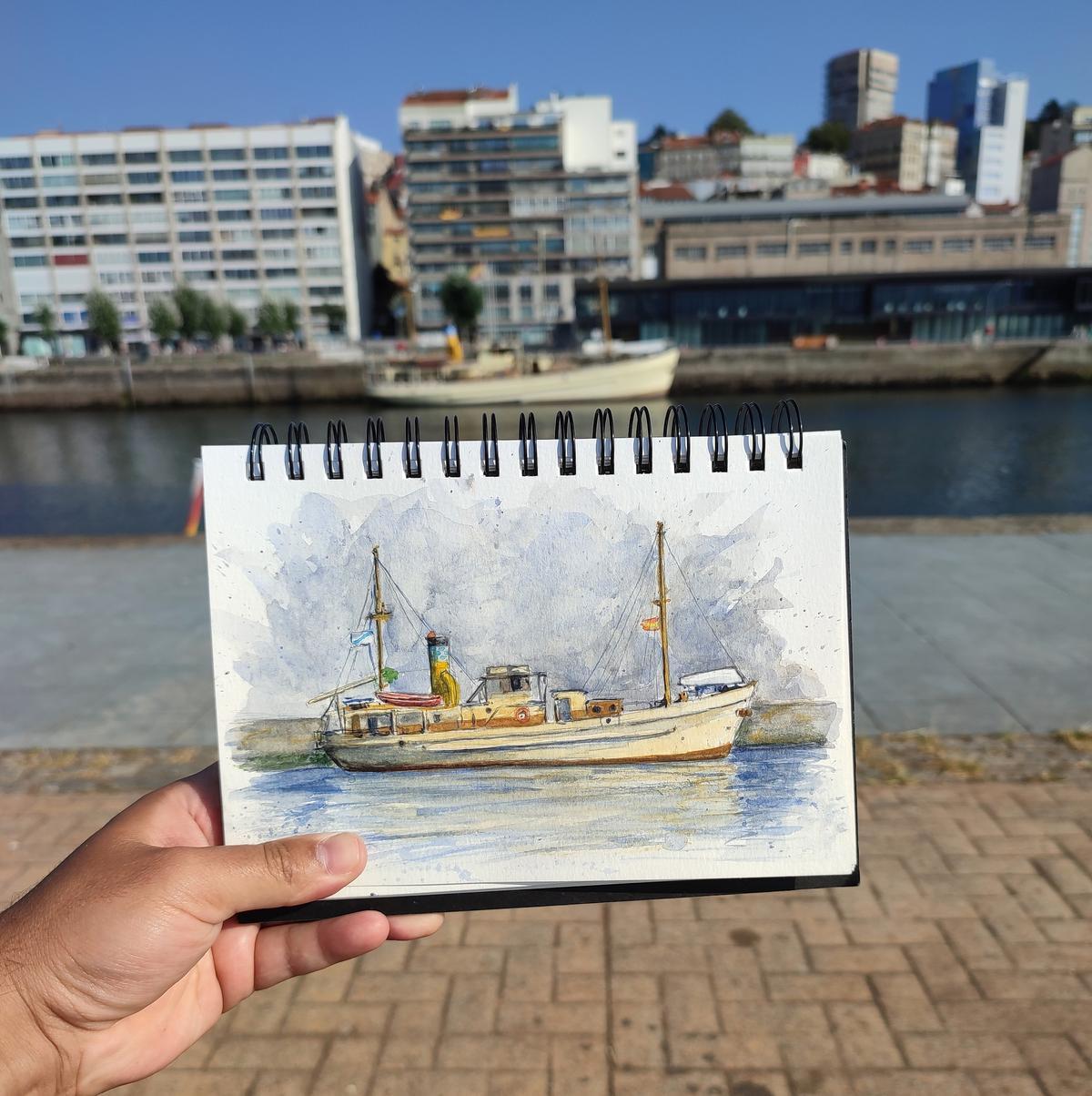 La pequeña libreta de Anxo está lleno de pequeños tesoros pictóricos como este dibujo en el Puerto.