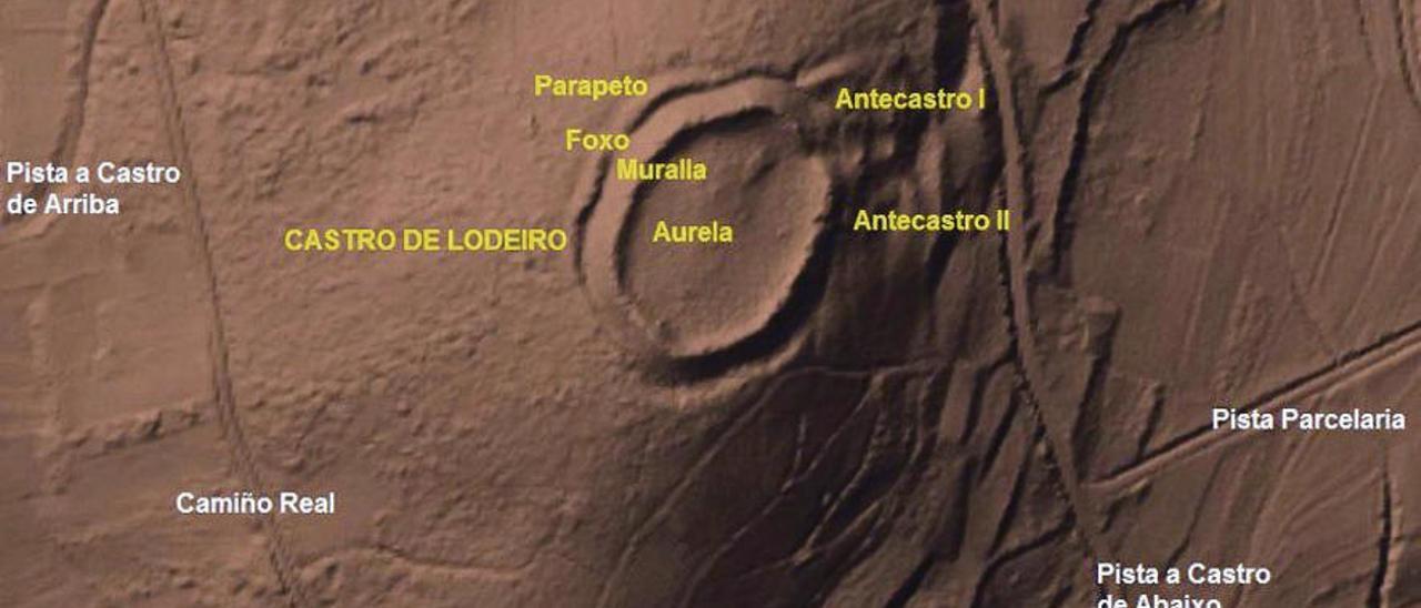 Castro de Lodeiro (Imaxe LIDAR, DepoDeza) mostrando as estruturas defensivas.