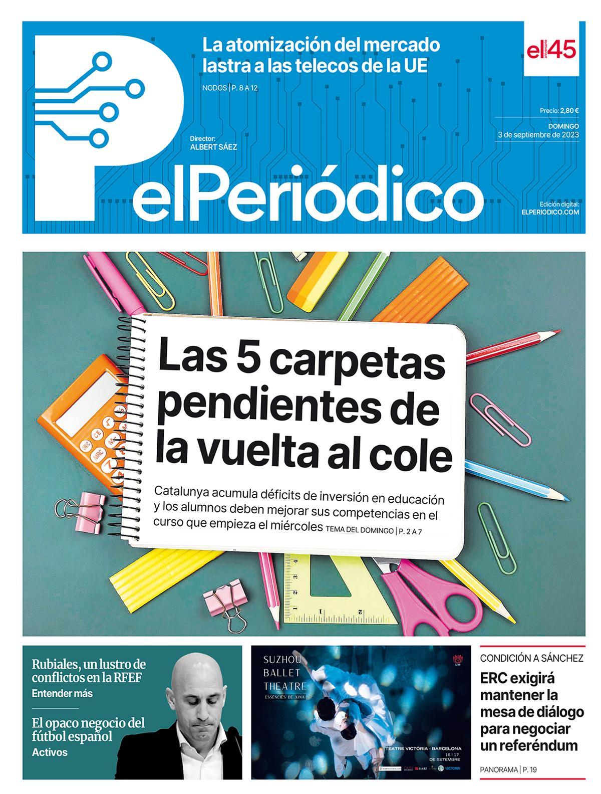La portada d’EL PERIÓDICO del 3 de setembre del 2023