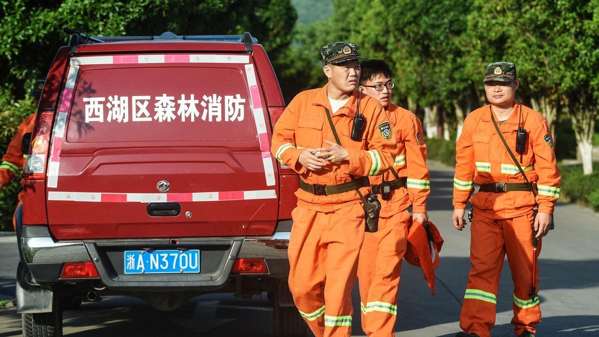 Un grupo de operarios participa en la búsqueda del leopardo huido del zoo de Hangzhou.