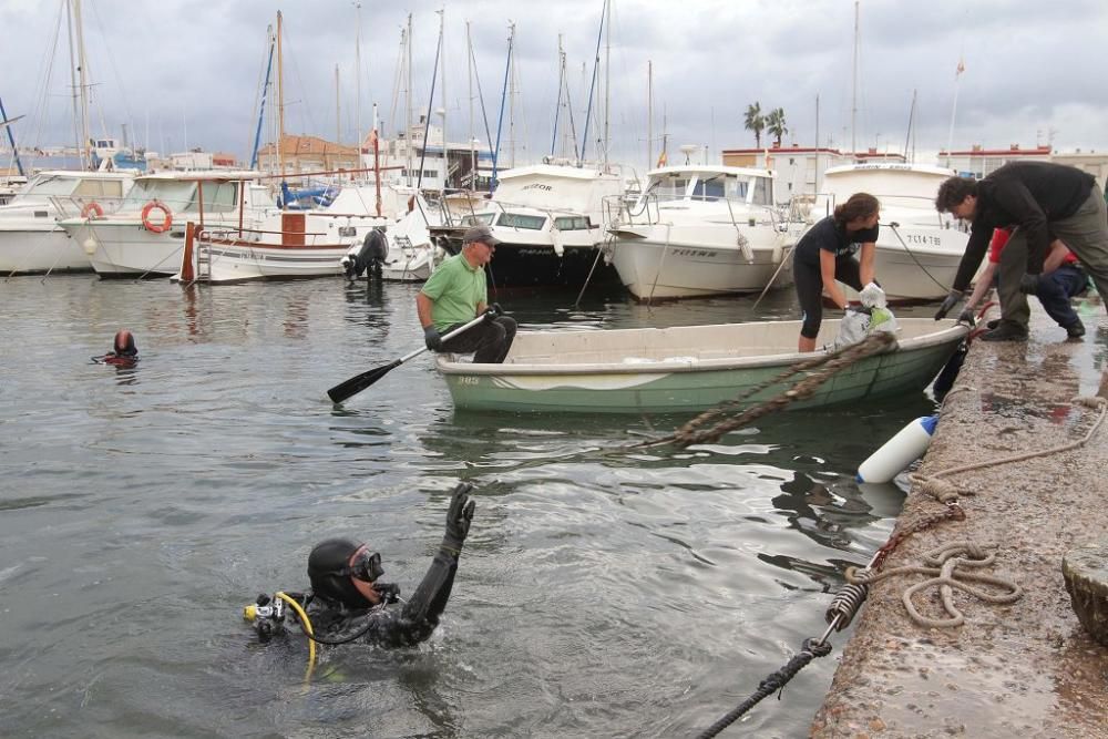 Buceadores limpian la basura del fondo del puerto de Cabo de Palos