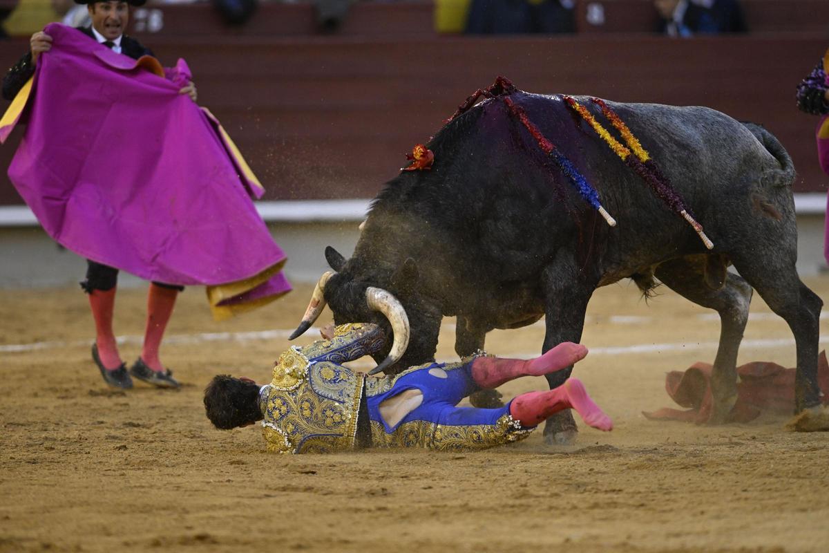 Aarón Palacio, en el momento en que es embestido por el toro, este domingo en Castellón.