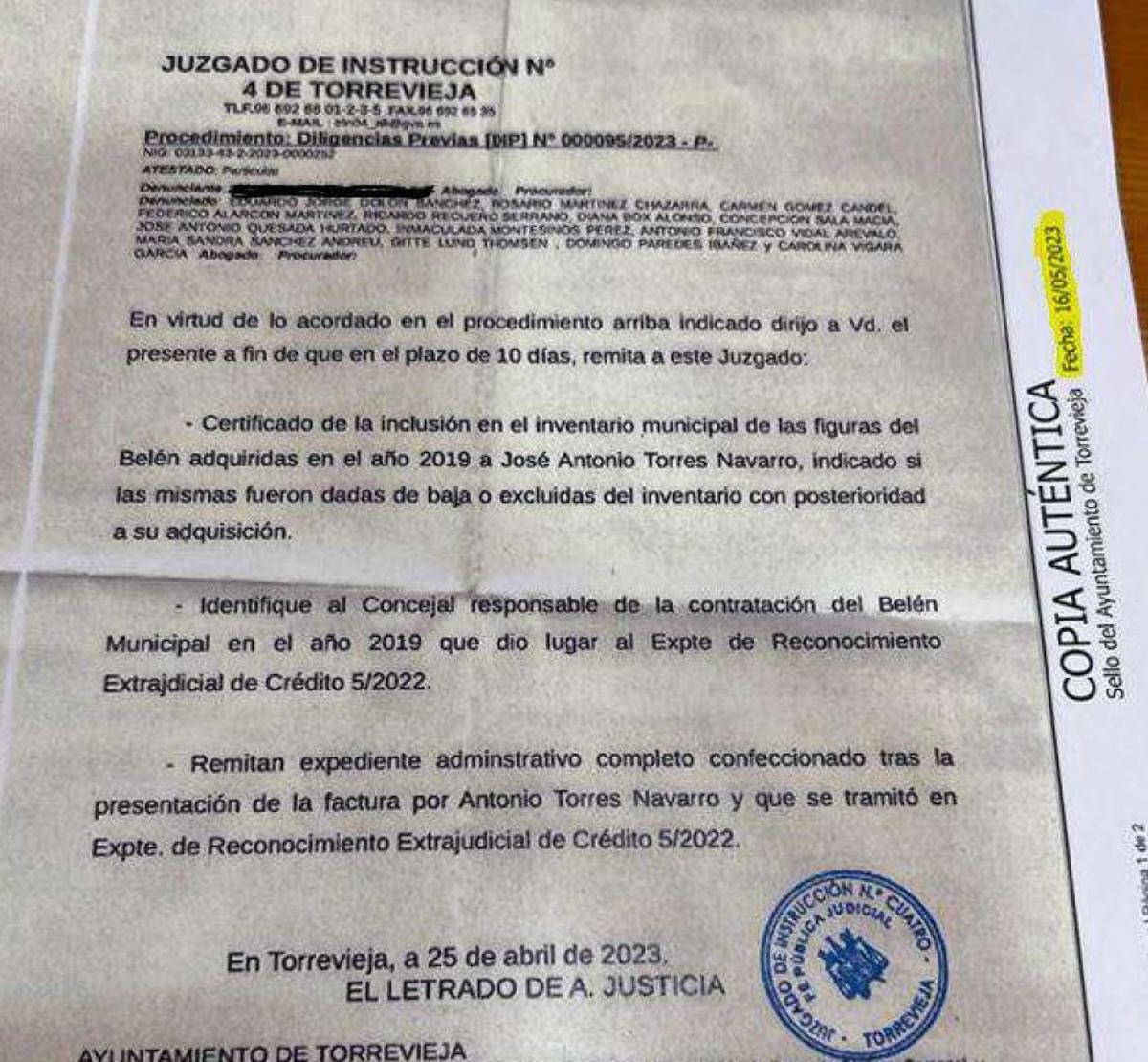 Reclamación del juzgado con registro de entrada en el Ayuntamiento el 16 de mayo