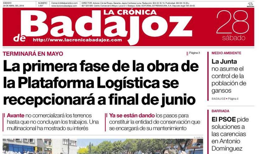 Esta es la portada de LA CRÓNICA DE BADAJOZ correspondiente al día 28 de abril del 2018